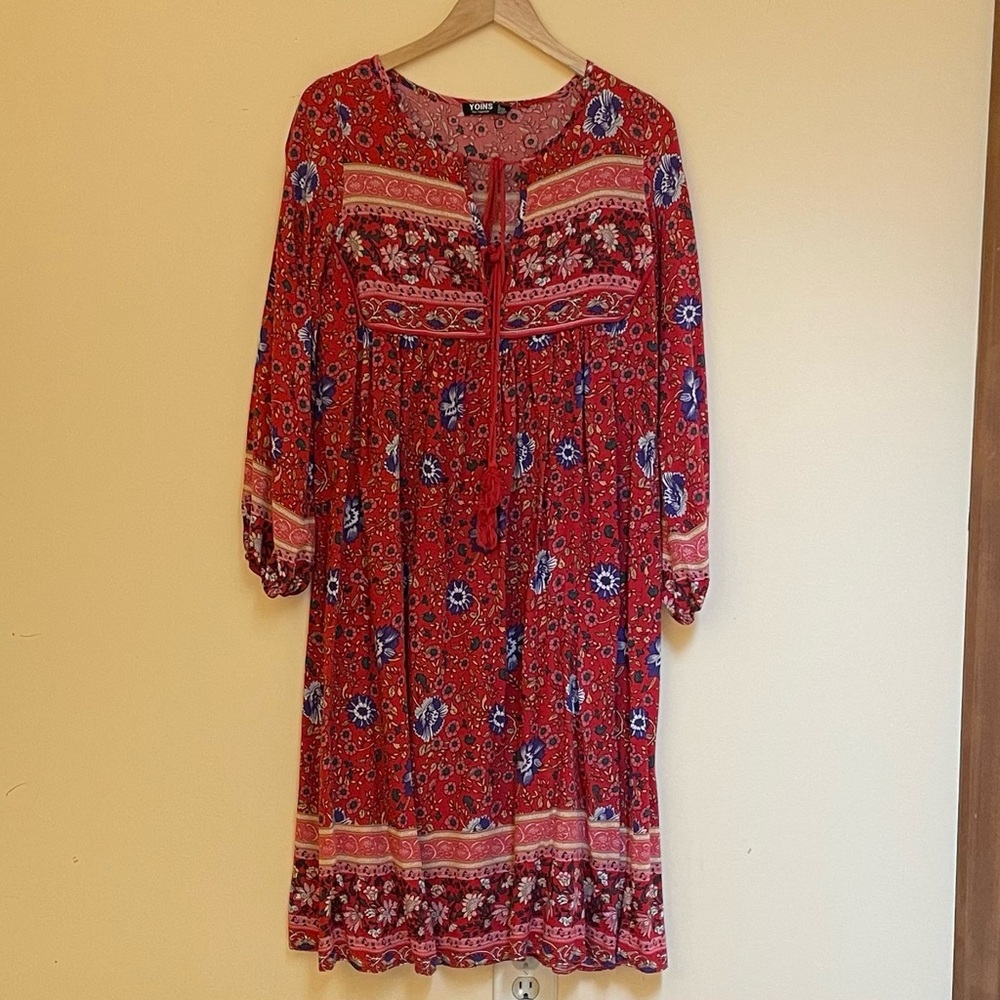 Red Long Sleeve Boho Dress